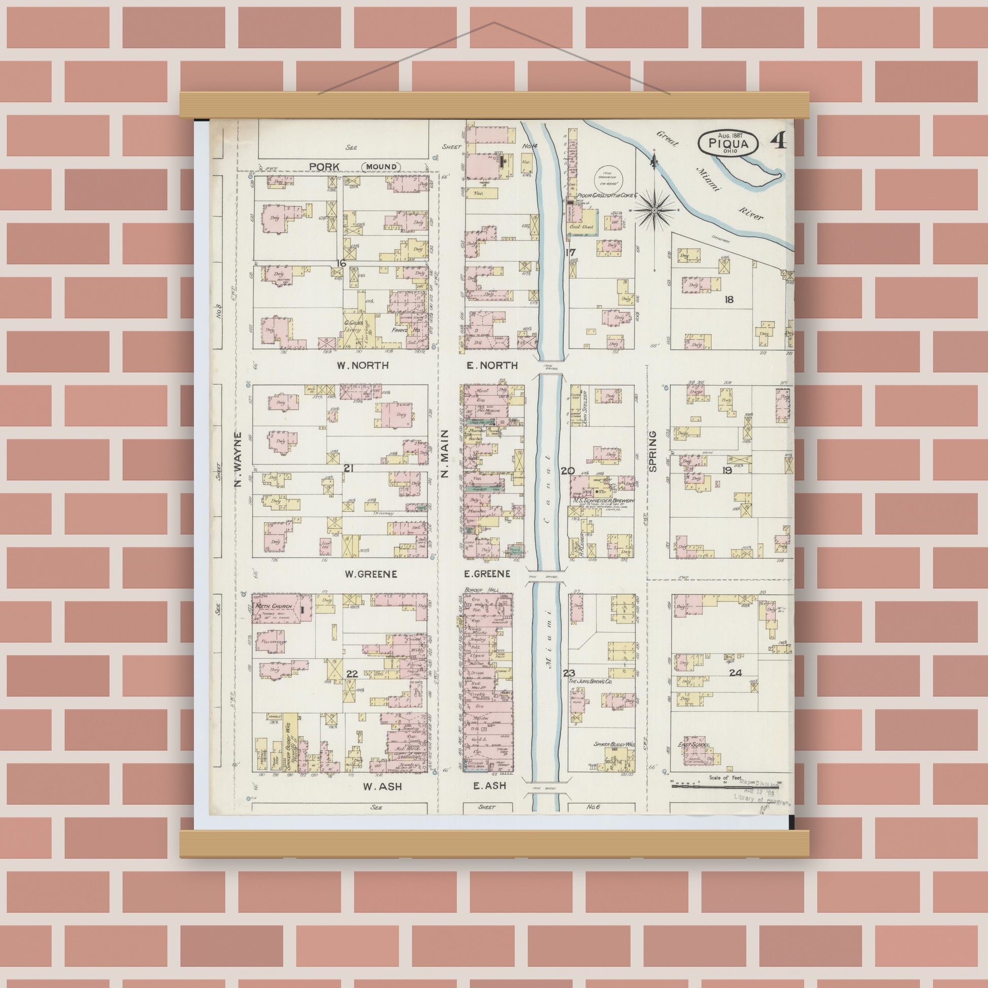 Old map wall art mockup — magnetic wood frame on brick wall — Sanborn Fire Insurance Map from Piqua, Miami County, Ohio (1887), Sheet #0004