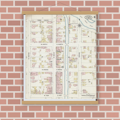 Old map wall art mockup — magnetic wood frame on brick wall — Sanborn Fire Insurance Map from Piqua, Miami County, Ohio (1887), Sheet #0004