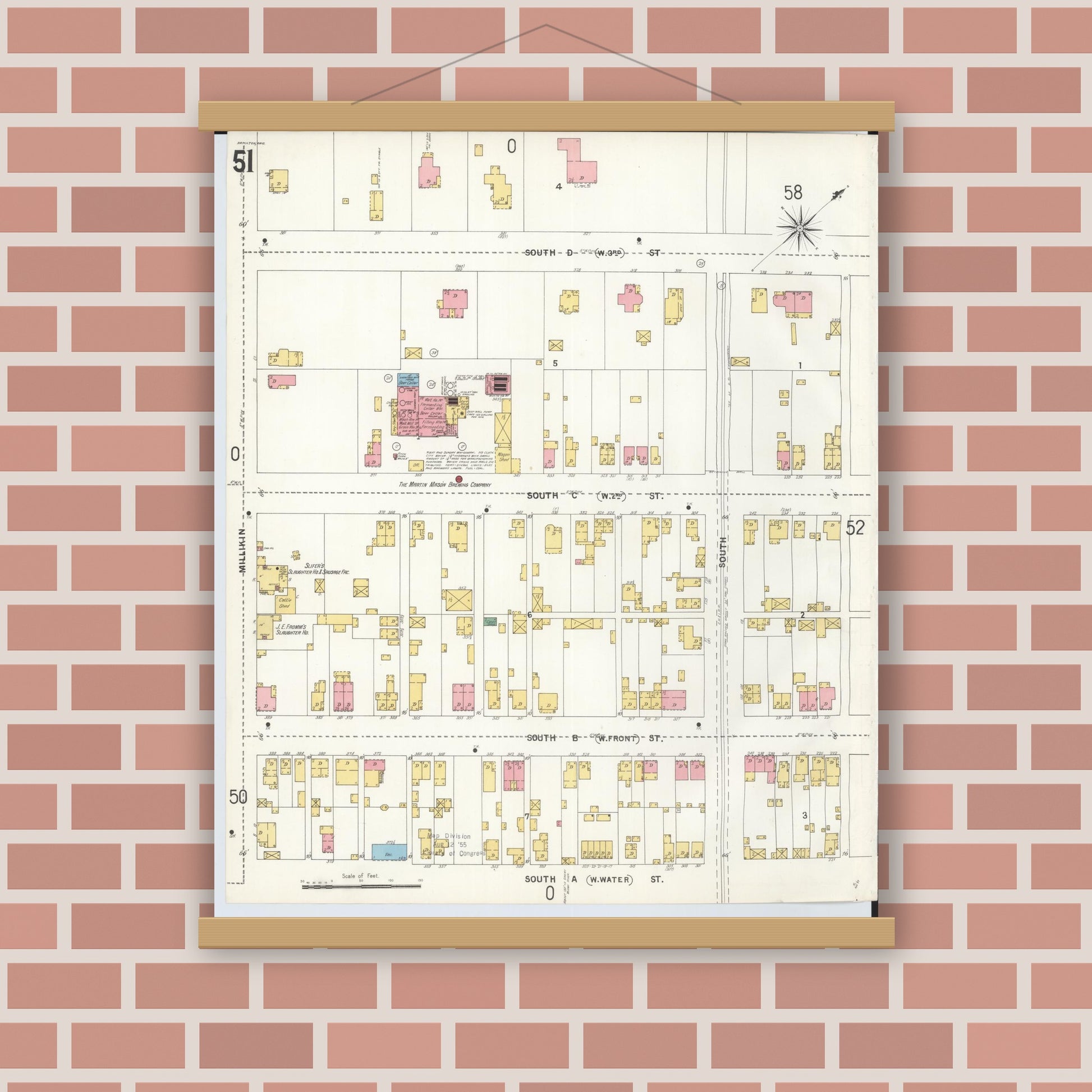 Old map wall art mockup — magnetic wood frame on brick wall — Sanborn Fire Insurance Map from Hamilton, Butler County, Ohio (1899), Sheet #0051