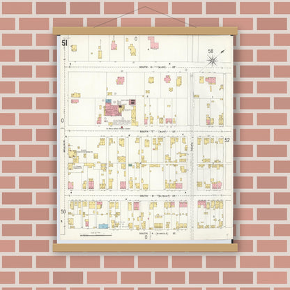 Old map wall art mockup — magnetic wood frame on brick wall — Sanborn Fire Insurance Map from Hamilton, Butler County, Ohio (1899), Sheet #0051