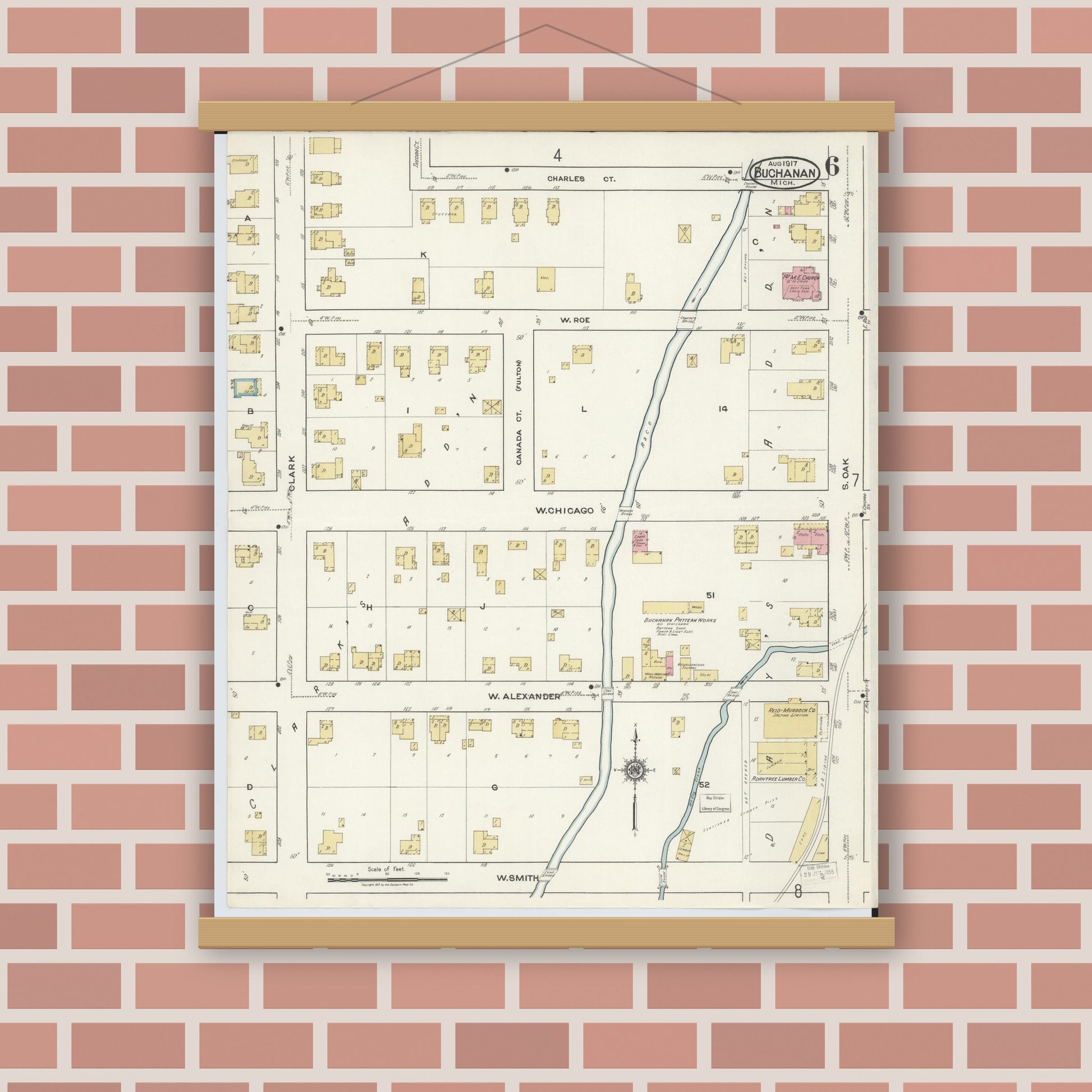 Old map wall art mockup — magnetic wood frame on brick wall — Sanborn Fire Insurance Map from Buchanan, Berrien County, Michigan (1917), Sheet #0006