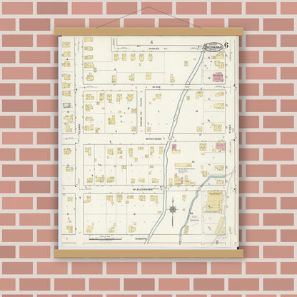 Old map wall art mockup — magnetic wood frame on brick wall — Sanborn Fire Insurance Map from Buchanan, Berrien County, Michigan (1917), Sheet #0006