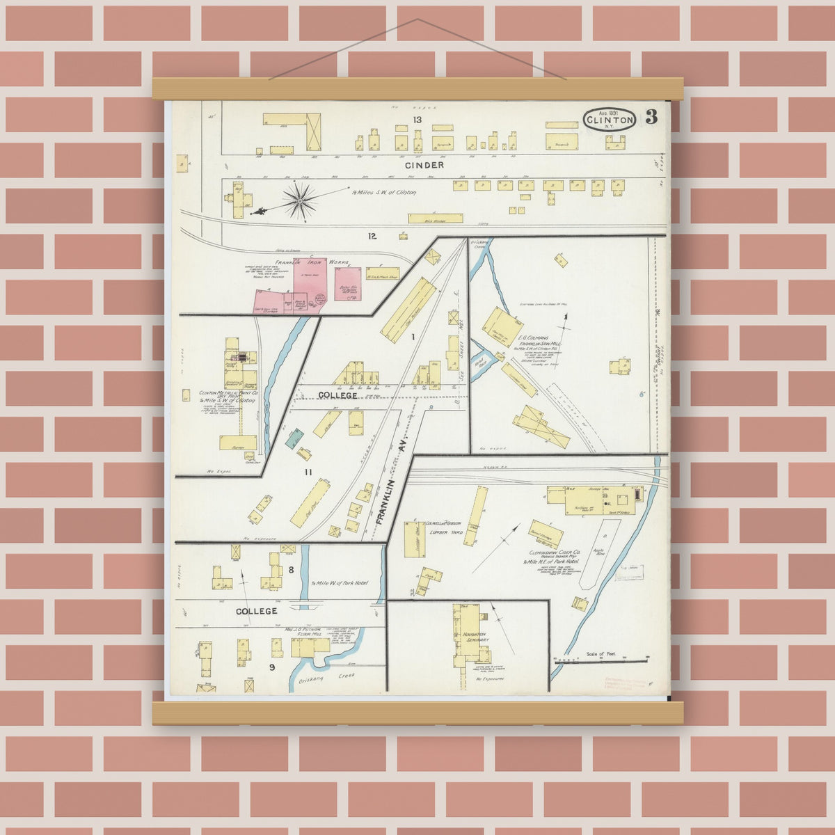 Old map wall art mockup — magnetic wood frame on brick wall — Sanborn Fire Insurance Map from Clinton, Oneida County, New York (1891), Sheet #0003