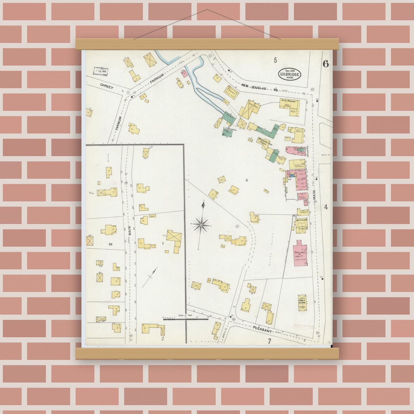 Old map wall art mockup — magnetic wood frame on brick wall — Sanborn Fire Insurance Map from Uxbridge, Worcester County, Massachusetts (1903), Sheet #0006