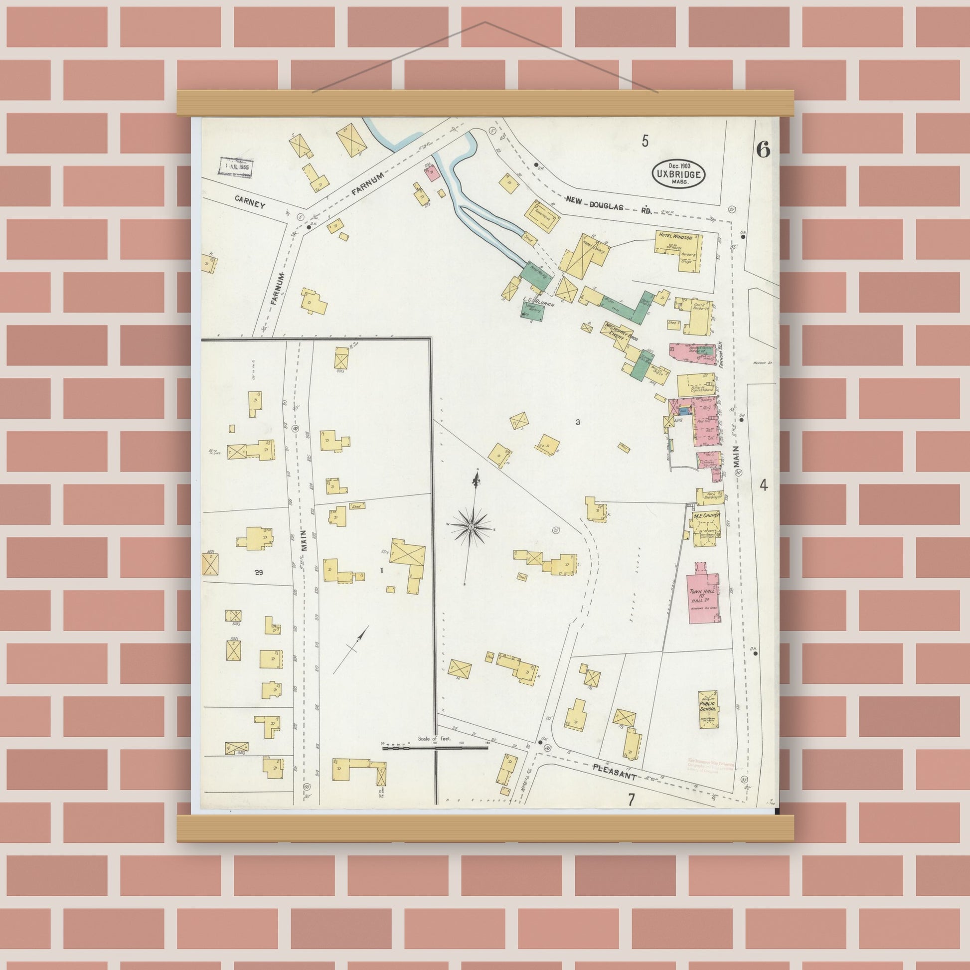 Old map wall art mockup — magnetic wood frame on brick wall — Sanborn Fire Insurance Map from Uxbridge, Worcester County, Massachusetts (1903), Sheet #0006