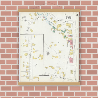 Old map wall art mockup — magnetic wood frame on brick wall — Sanborn Fire Insurance Map from Uxbridge, Worcester County, Massachusetts (1903), Sheet #0006