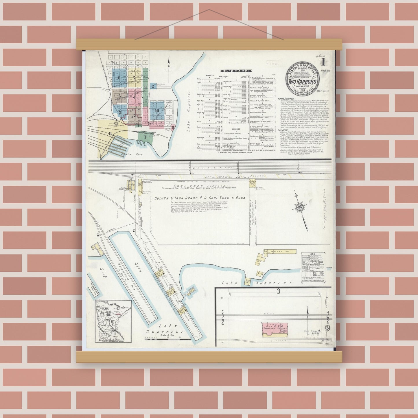 Old map wall art mockup — magnetic wood frame on brick wall — Sanborn Fire Insurance Map from Two Harbors, Lake County, Minnesota (1914) - Complete Map Set