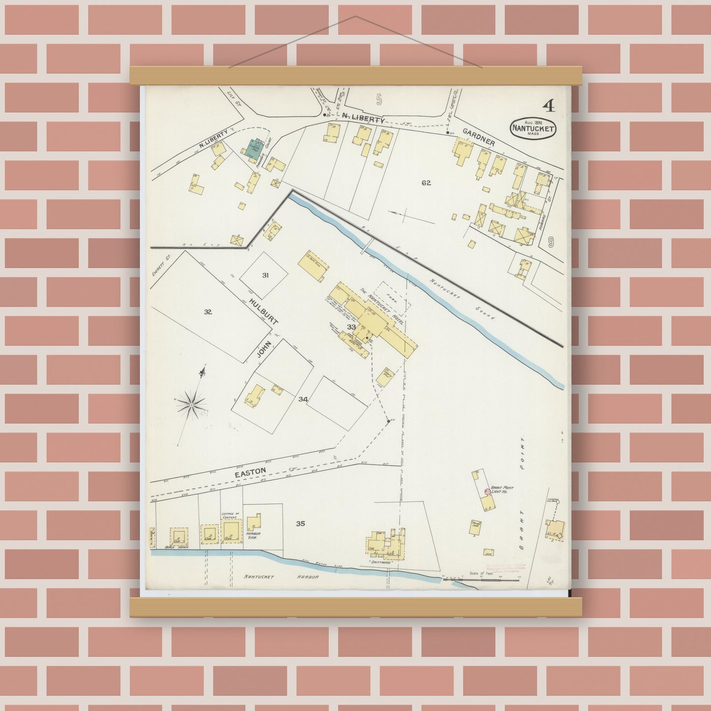 Old map wall art mockup — magnetic wood frame on brick wall — Sanborn Fire Insurance Map from Nantucket, Nantucket County, Massachusetts (1892), Sheet #0004