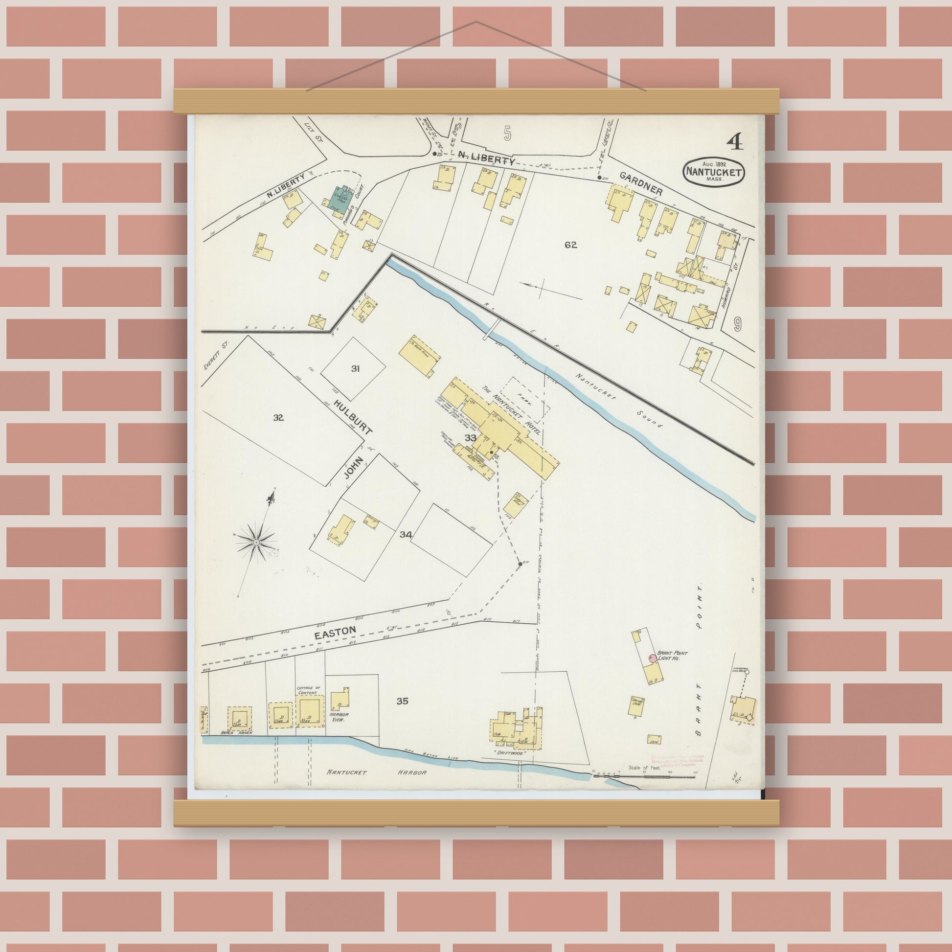 Old map wall art mockup — magnetic wood frame on brick wall — Sanborn Fire Insurance Map from Nantucket, Nantucket County, Massachusetts (1892), Sheet #0004