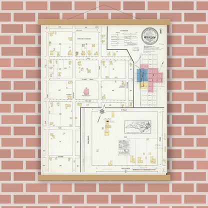 Old map wall art mockup — magnetic wood frame on brick wall — Sanborn Fire Insurance Map from Warsaw, Duplin County, North Carolina (1916) - Complete Map Set