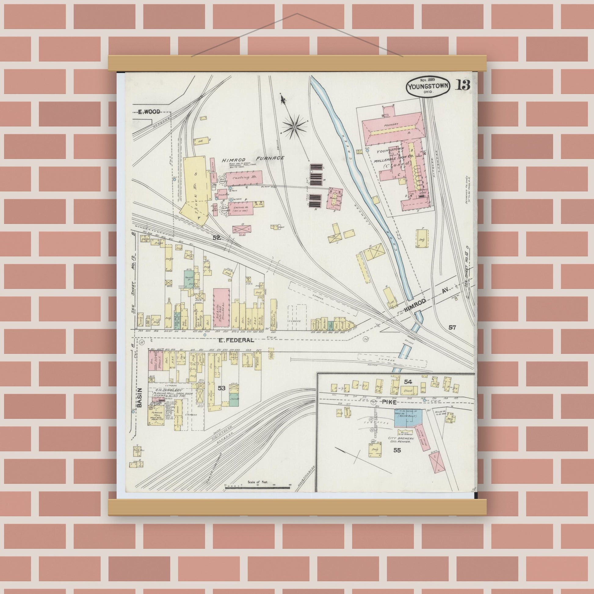 Old map wall art mockup — magnetic wood frame on brick wall — Sanborn Fire Insurance Map from Youngstown, Mahoning County, Ohio (1889), Sheet #0013