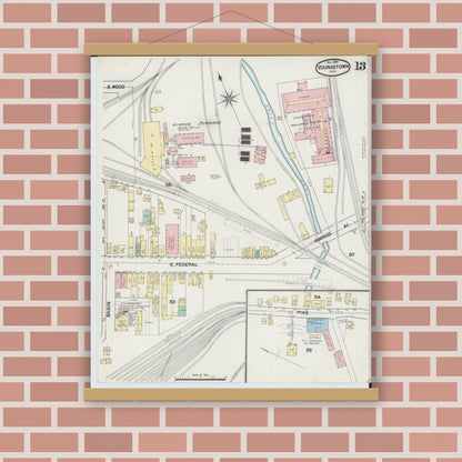 Old map wall art mockup — magnetic wood frame on brick wall — Sanborn Fire Insurance Map from Youngstown, Mahoning County, Ohio (1889), Sheet #0013