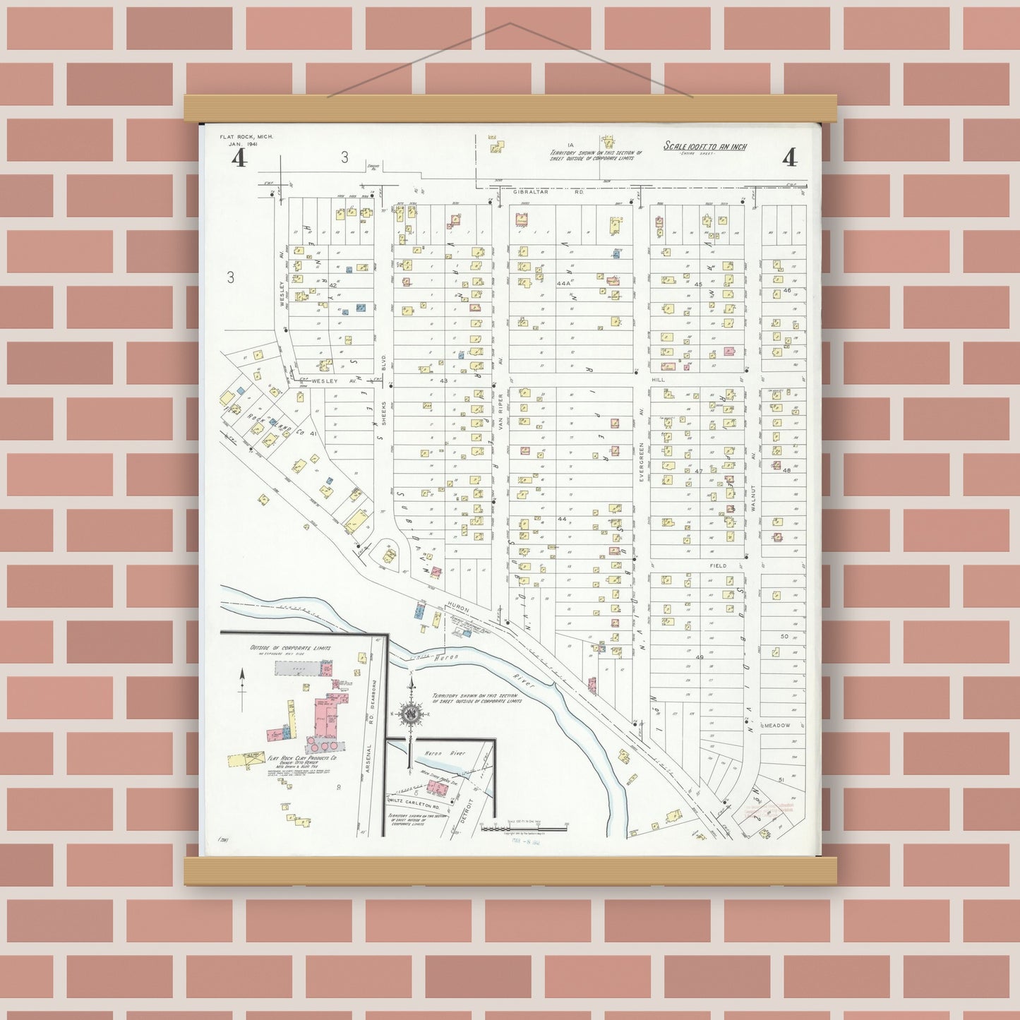 Old map wall art mockup — magnetic wood frame on brick wall — Sanborn Fire Insurance Map from Flat Rock, Wayne County, Michigan (1941), Sheet #0004