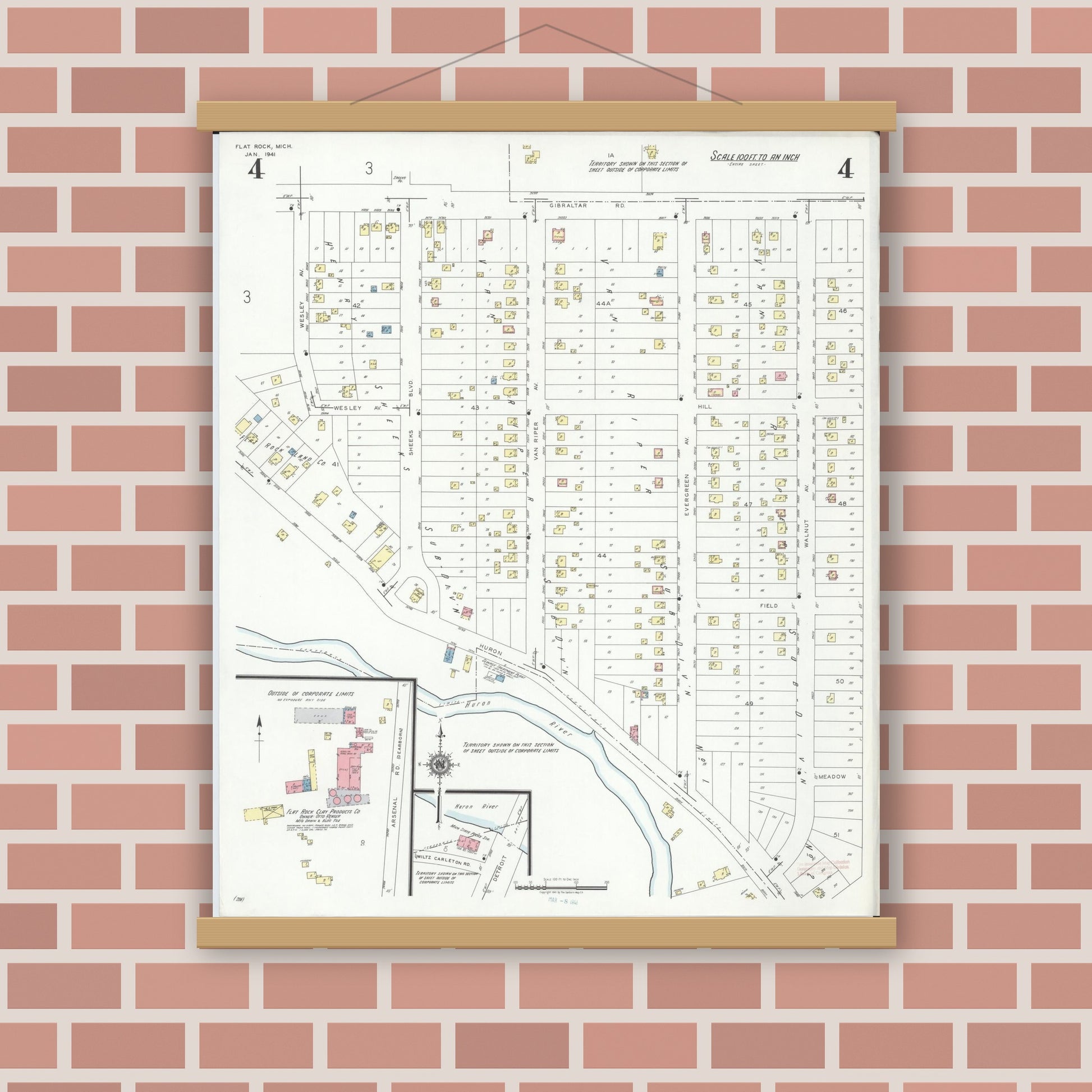 Old map wall art mockup — magnetic wood frame on brick wall — Sanborn Fire Insurance Map from Flat Rock, Wayne County, Michigan (1941), Sheet #0004
