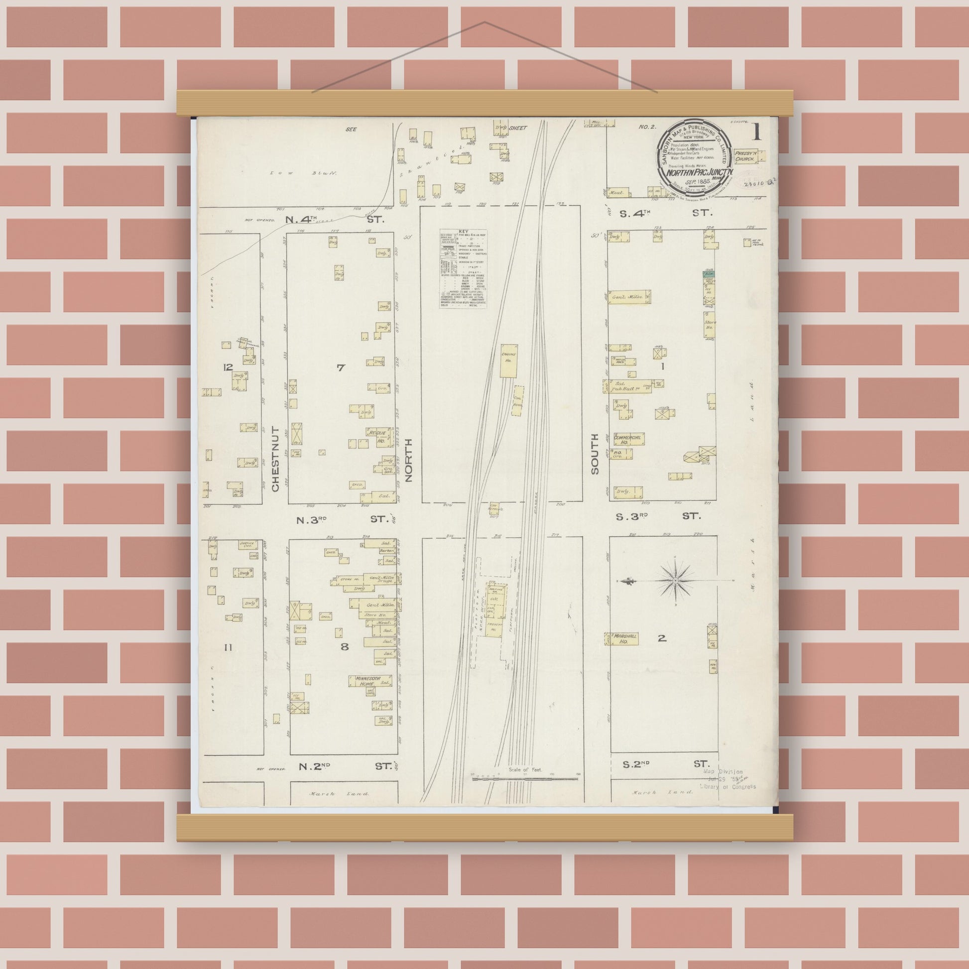 Old map wall art mockup — magnetic wood frame on brick wall — Sanborn Fire Insurance Map from Northern Pacific Junction, Carlton County, Minnesota (1885) - Complete Map Set