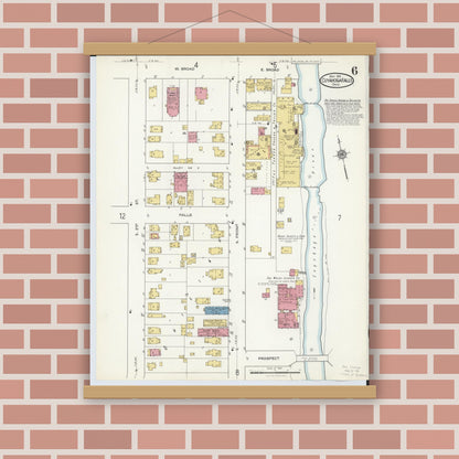 Old map wall art mockup — magnetic wood frame on brick wall — Sanborn Fire Insurance Map from Cuyahoga Falls, Summit County, Ohio (1916), Sheet #0006