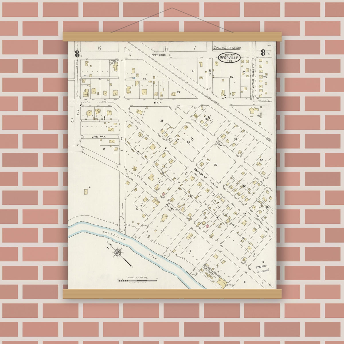 Old map wall art mockup — magnetic wood frame on brick wall — Sanborn Fire Insurance Map from Kerrville, Kerr County, Texas (1924), Sheet #0008