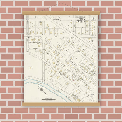 Old map wall art mockup — magnetic wood frame on brick wall — Sanborn Fire Insurance Map from Kerrville, Kerr County, Texas (1924), Sheet #0008