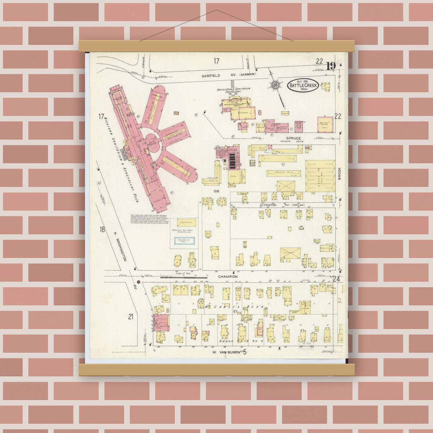 Old map wall art mockup — magnetic wood frame on brick wall — Sanborn Fire Insurance Map from Battle Creek, Calhoun County, Michigan (1913), Sheet #0019