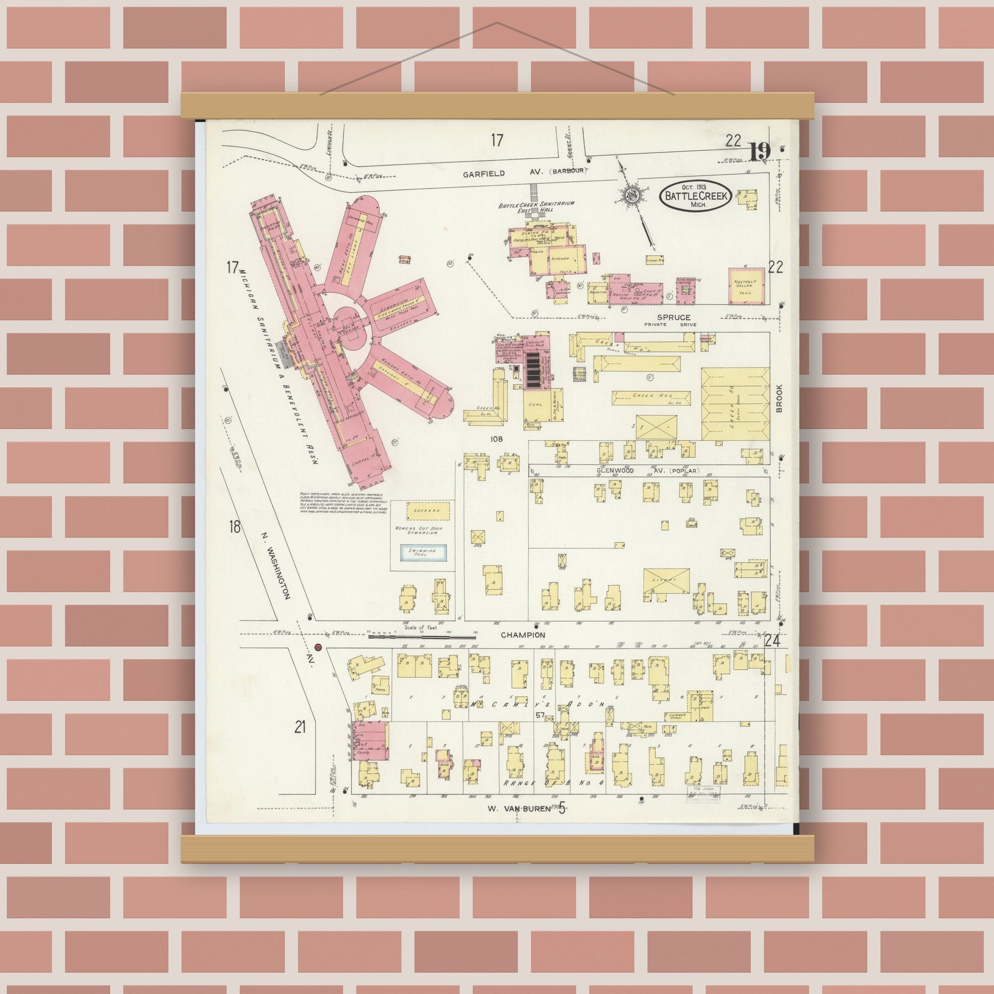 Old map wall art mockup — magnetic wood frame on brick wall — Sanborn Fire Insurance Map from Battle Creek, Calhoun County, Michigan (1913), Sheet #0019
