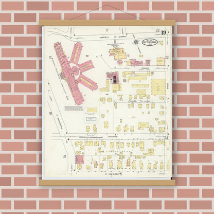 Old map wall art mockup — magnetic wood frame on brick wall — Sanborn Fire Insurance Map from Battle Creek, Calhoun County, Michigan (1913), Sheet #0019