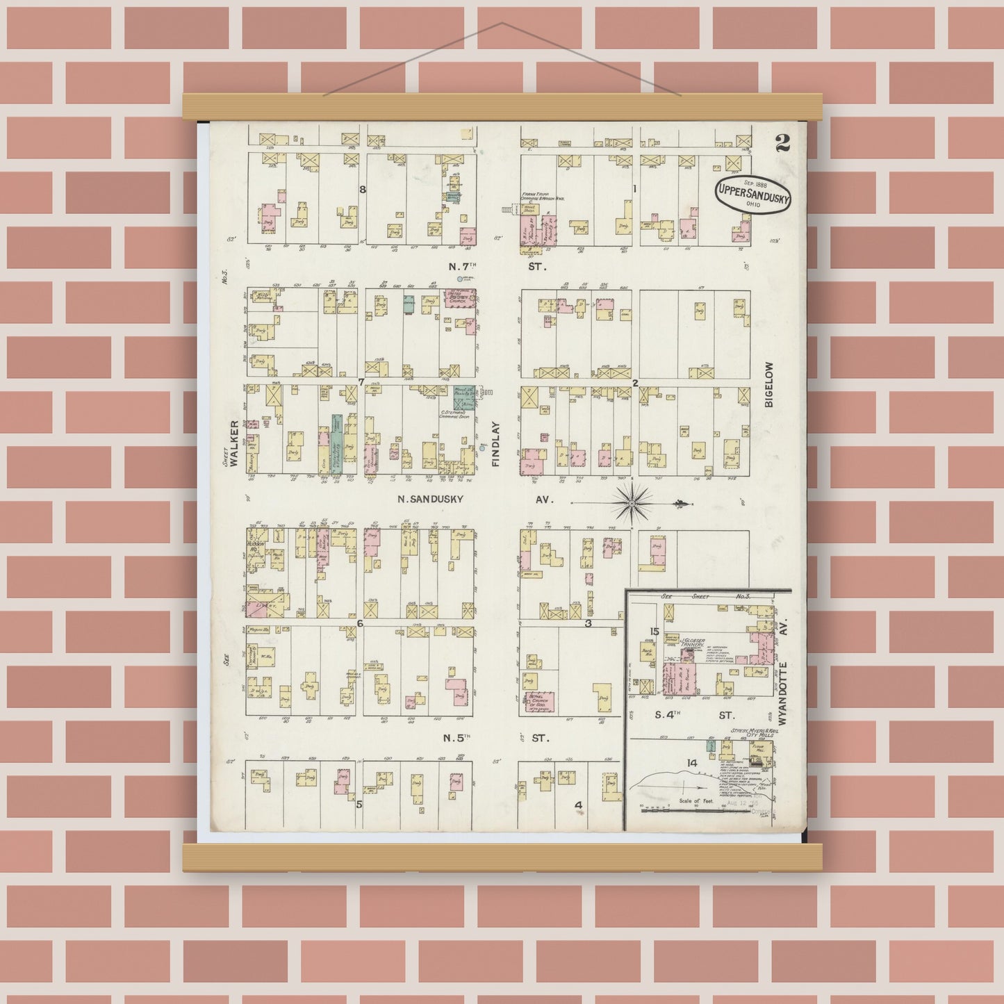 Old map wall art mockup — magnetic wood frame on brick wall — Sanborn Fire Insurance Map from Upper Sandusky, Wyandot County, Ohio (1888), Sheet #0002