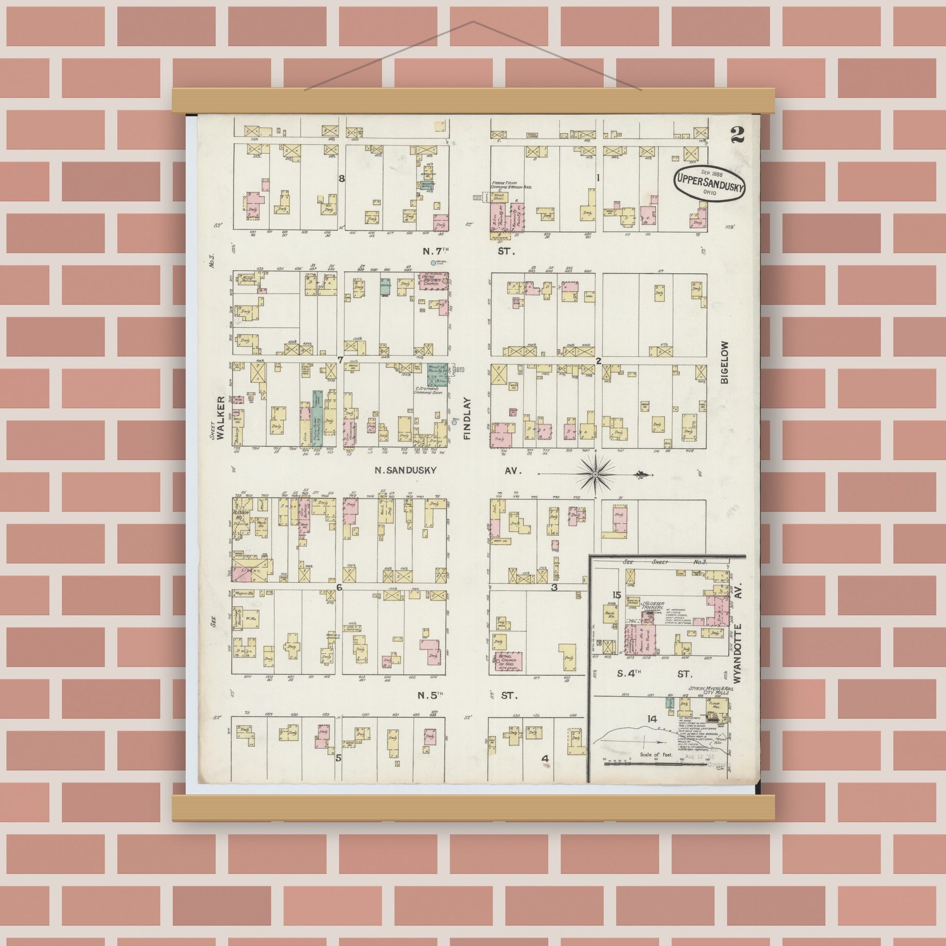 Old map wall art mockup — magnetic wood frame on brick wall — Sanborn Fire Insurance Map from Upper Sandusky, Wyandot County, Ohio (1888), Sheet #0002