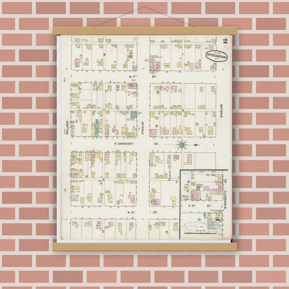 Old map wall art mockup — magnetic wood frame on brick wall — Sanborn Fire Insurance Map from Upper Sandusky, Wyandot County, Ohio (1888), Sheet #0002