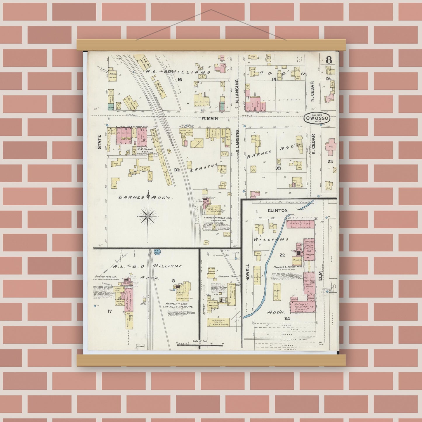 Old map wall art mockup — magnetic wood frame on brick wall — Sanborn Fire Insurance Map from Owosso, Shiawassee County, Michigan (1890), Sheet #0008