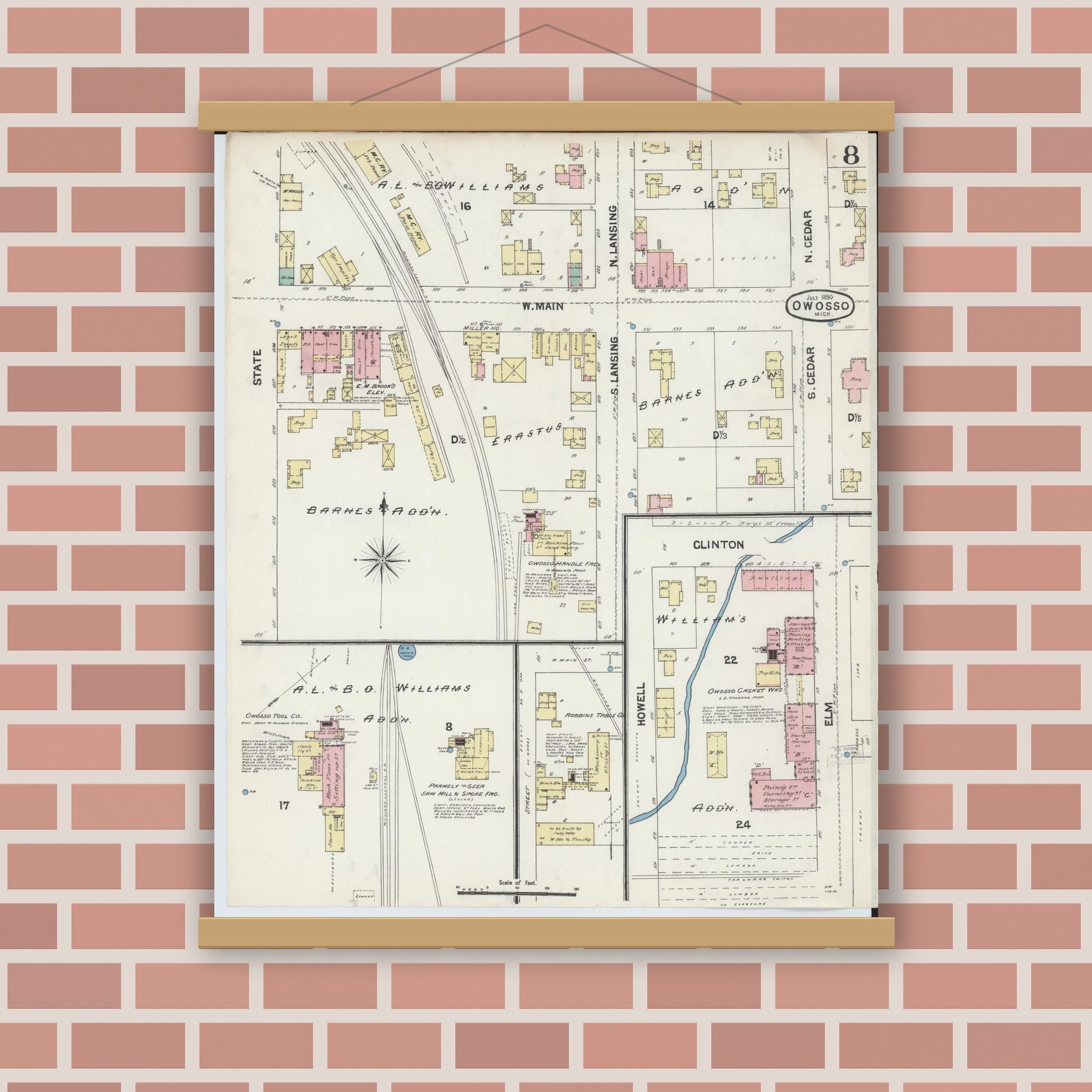 Old map wall art mockup — magnetic wood frame on brick wall — Sanborn Fire Insurance Map from Owosso, Shiawassee County, Michigan (1890), Sheet #0008
