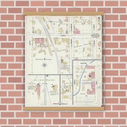Old map wall art mockup — magnetic wood frame on brick wall — Sanborn Fire Insurance Map from Owosso, Shiawassee County, Michigan (1890), Sheet #0008