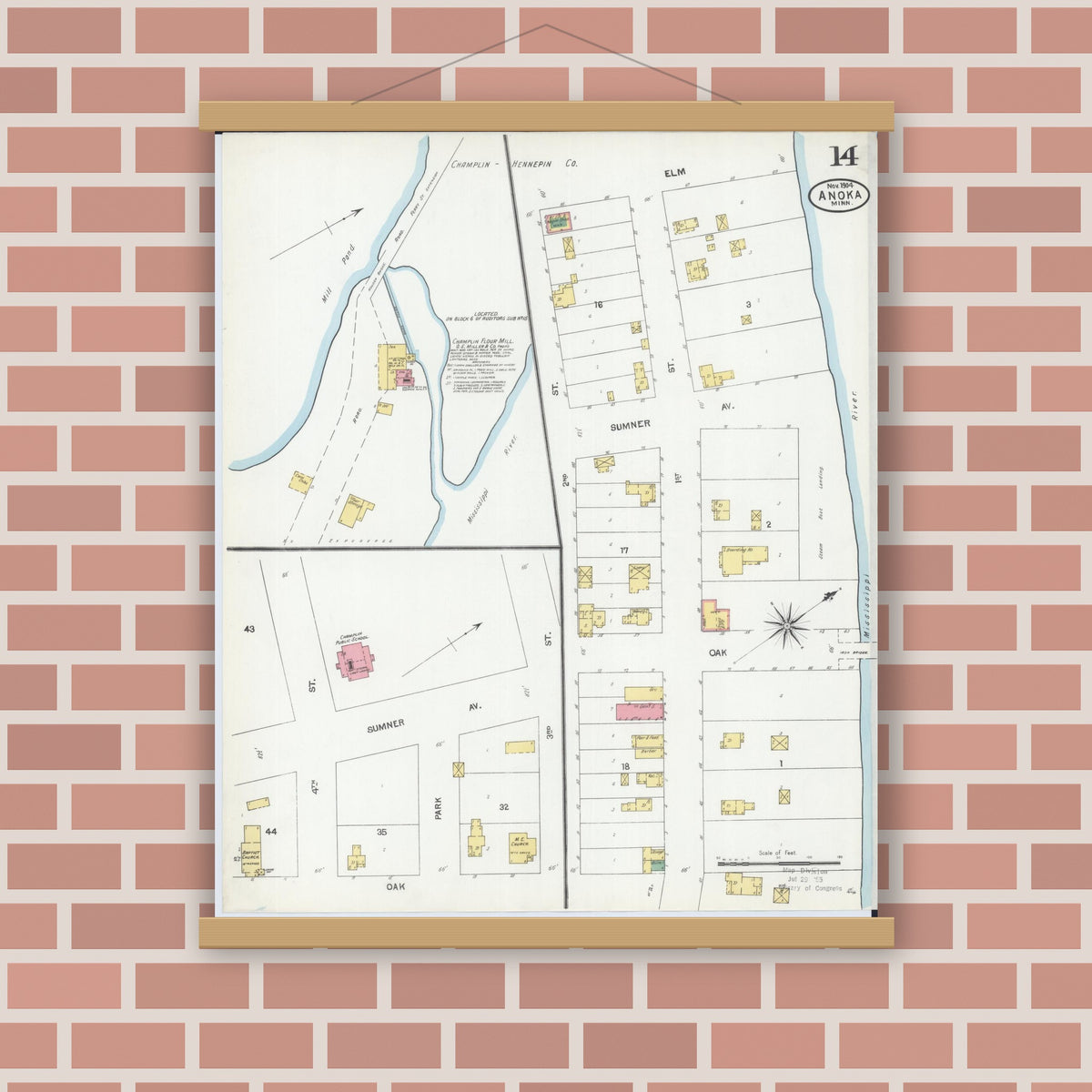 Old map wall art mockup — magnetic wood frame on brick wall — Sanborn Fire Insurance Map from Anoka, Anoka County, Minnesota (1904), Sheet #0014