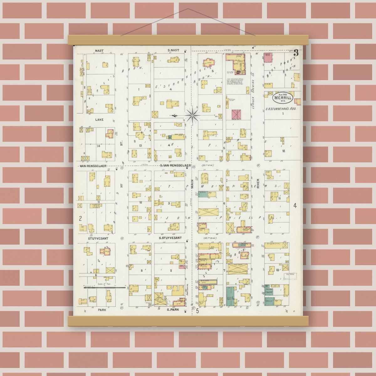 Old map wall art mockup — magnetic wood frame on brick wall — Sanborn Fire Insurance Map from Merrill, Lincoln County, Wisconsin (1902), Sheet #0003