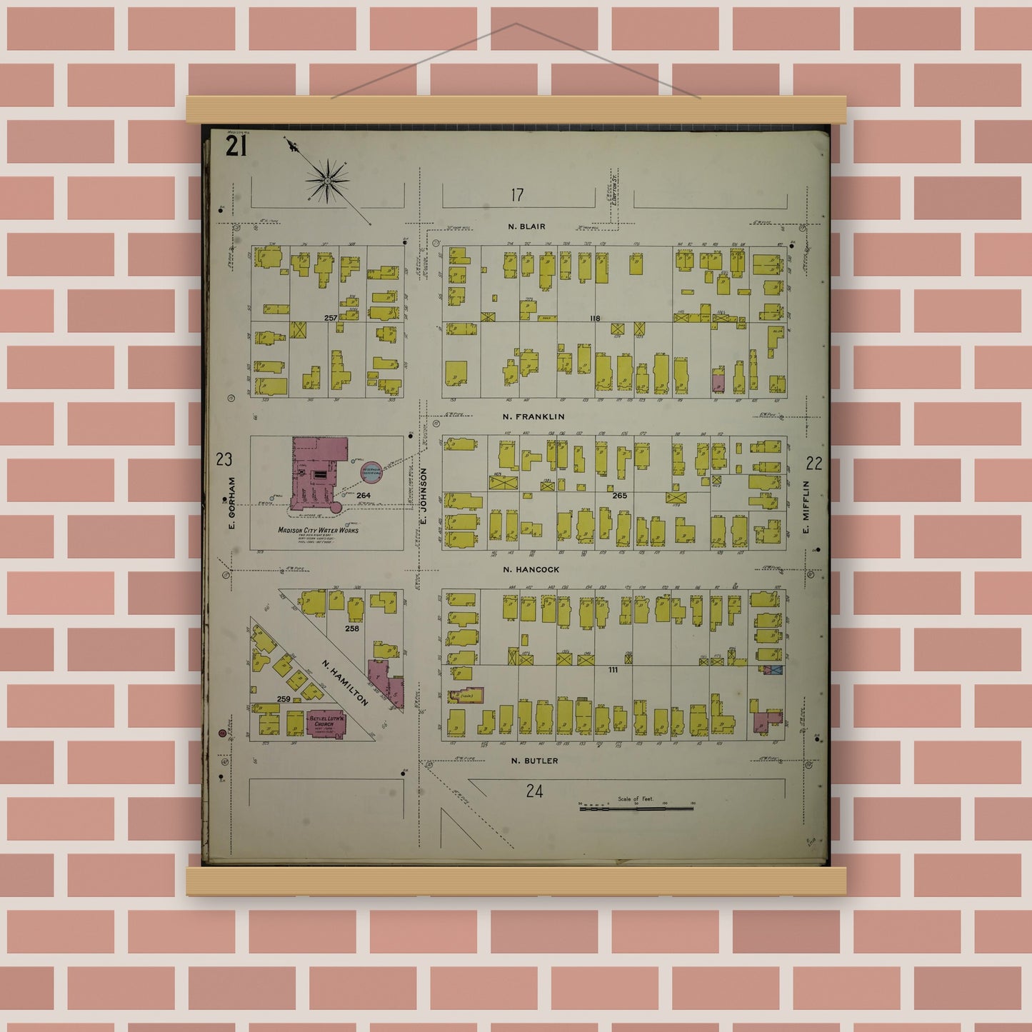 Old map wall art mockup — magnetic wood frame on brick wall — Sanborn Fire Insurance Map from Madison, Dane County, Wisconsin (1908), Sheet #0021