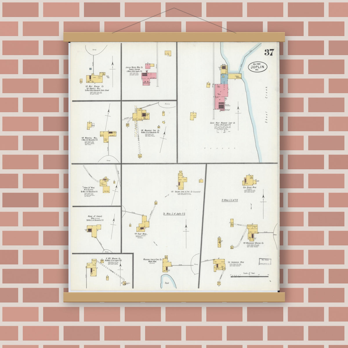 Old map wall art mockup — magnetic wood frame on brick wall — Sanborn Fire Insurance Map from Joplin, Jasper County, Missouri (1900), Sheet #0037