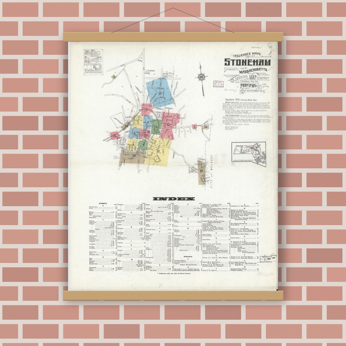 Old map wall art mockup — magnetic wood frame on brick wall — Sanborn Fire Insurance Map from Stoneham, Middlesex County, Massachusetts (1916) - Complete Map Set