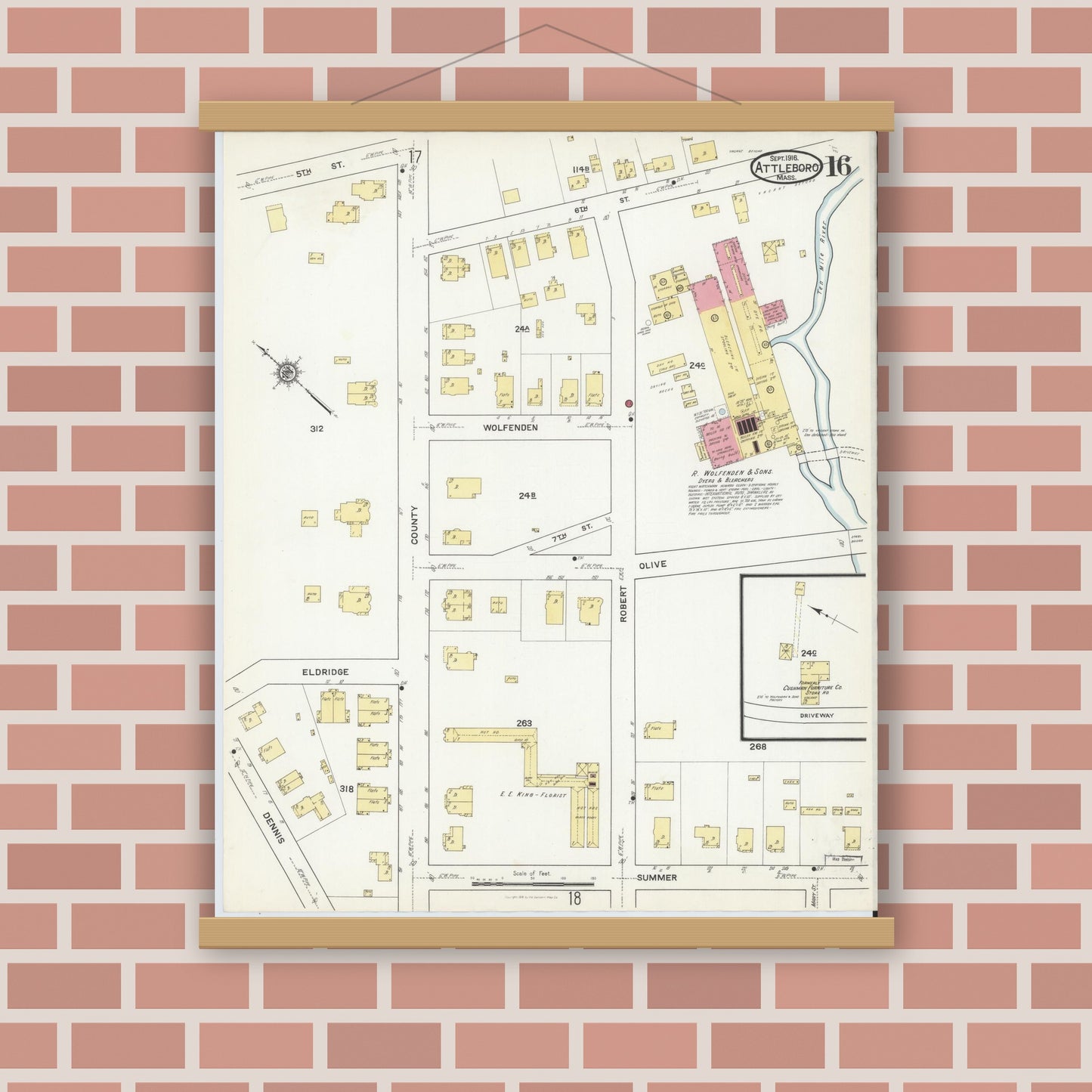 Old map wall art mockup — magnetic wood frame on brick wall — Sanborn Fire Insurance Map from Attleboro, Bristol County, Massachusetts (1916), Sheet #0016
