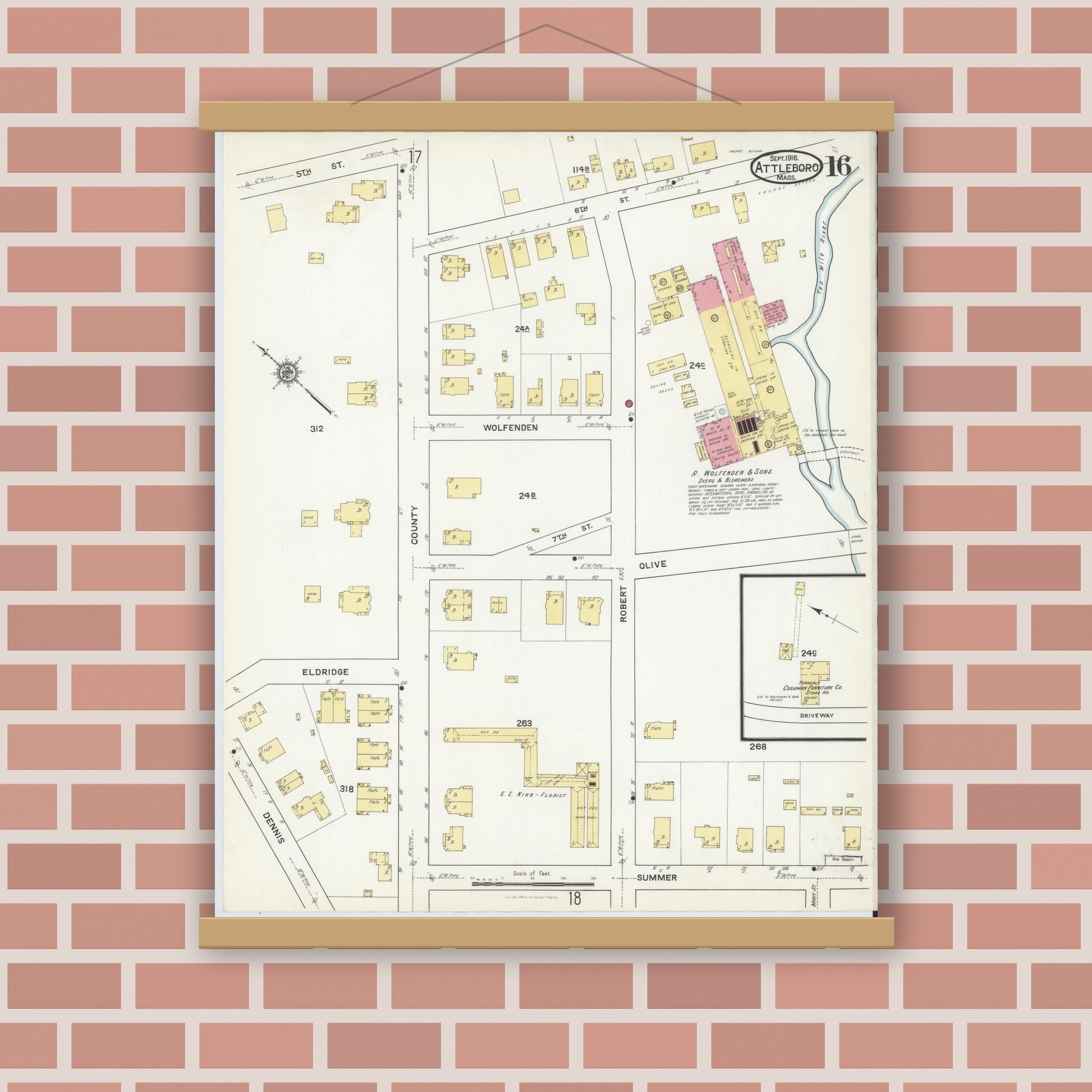 Old map wall art mockup — magnetic wood frame on brick wall — Sanborn Fire Insurance Map from Attleboro, Bristol County, Massachusetts (1916), Sheet #0016
