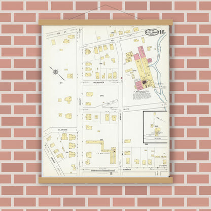 Old map wall art mockup — magnetic wood frame on brick wall — Sanborn Fire Insurance Map from Attleboro, Bristol County, Massachusetts (1916), Sheet #0016