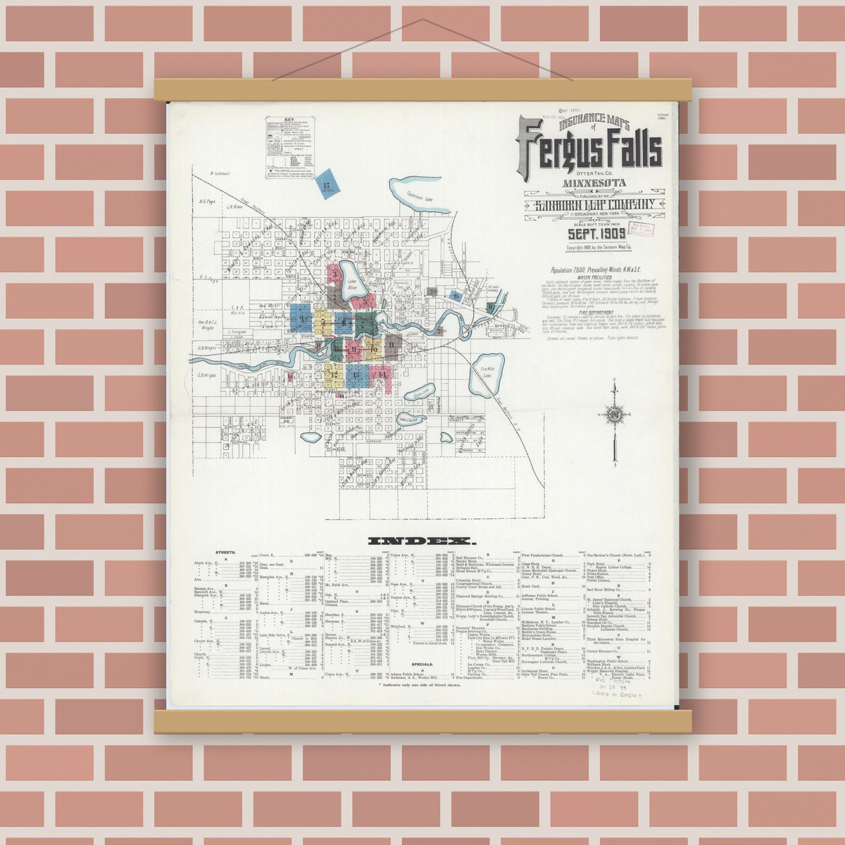 Old map wall art mockup — magnetic wood frame on brick wall — Sanborn Fire Insurance Map from Fergus Falls, Otter Tail County, Minnesota (1909) - Complete Map Set