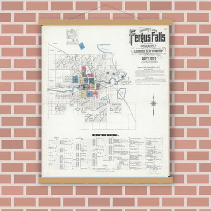 Old map wall art mockup — magnetic wood frame on brick wall — Sanborn Fire Insurance Map from Fergus Falls, Otter Tail County, Minnesota (1909) - Complete Map Set
