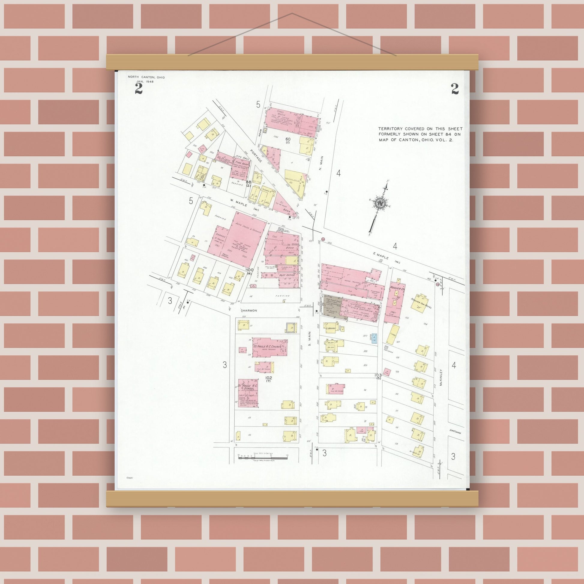 Old map wall art mockup — magnetic wood frame on brick wall — Sanborn Fire Insurance Map from North Canton, Stark County, Ohio (1948), Sheet #0002