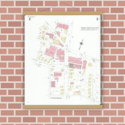 Old map wall art mockup — magnetic wood frame on brick wall — Sanborn Fire Insurance Map from North Canton, Stark County, Ohio (1948), Sheet #0002