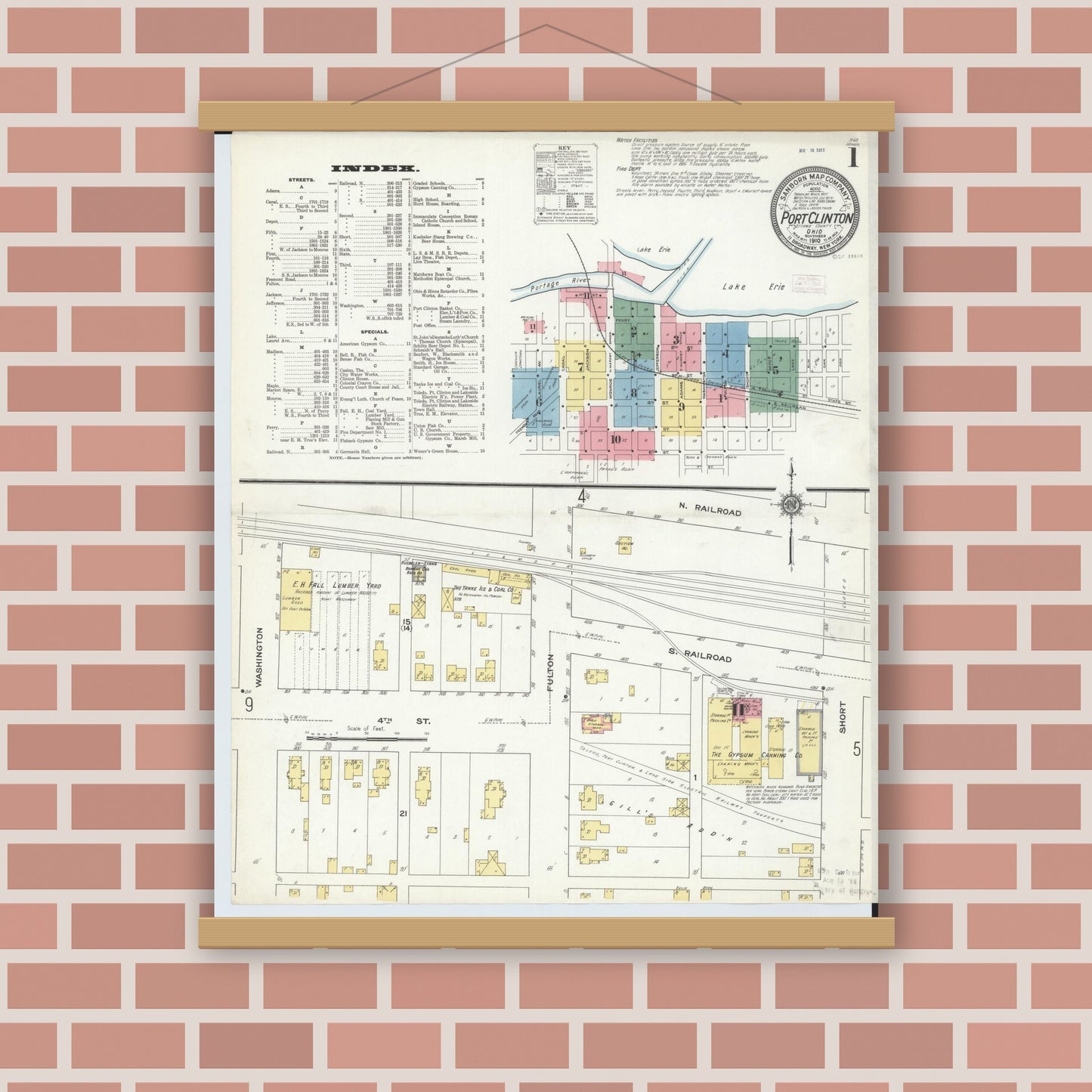 Old map wall art mockup — magnetic wood frame on brick wall — Sanborn Fire Insurance Map from Port Clinton, Ottawa County, Ohio (1910) - Complete Map Set