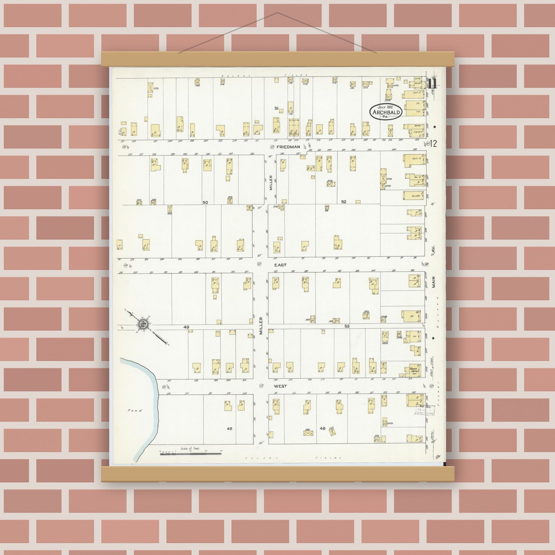 Old map wall art mockup — magnetic wood frame on brick wall — Sanborn Fire Insurance Map from Archbald, Lackawanna County, Pennsylvania (1912), Sheet #0011