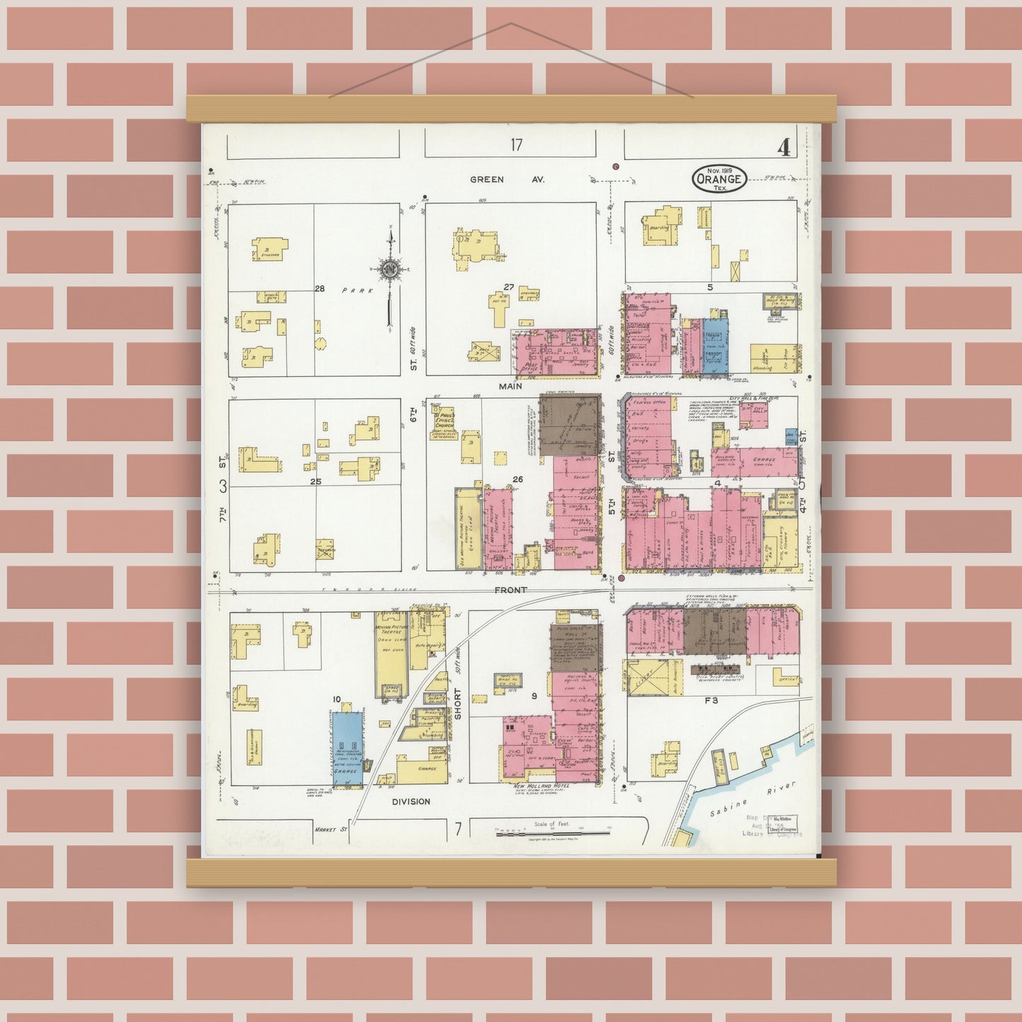 Old map wall art mockup — magnetic wood frame on brick wall — Sanborn Fire Insurance Map from Orange, Orange County, Texas (1919), Sheet #0004