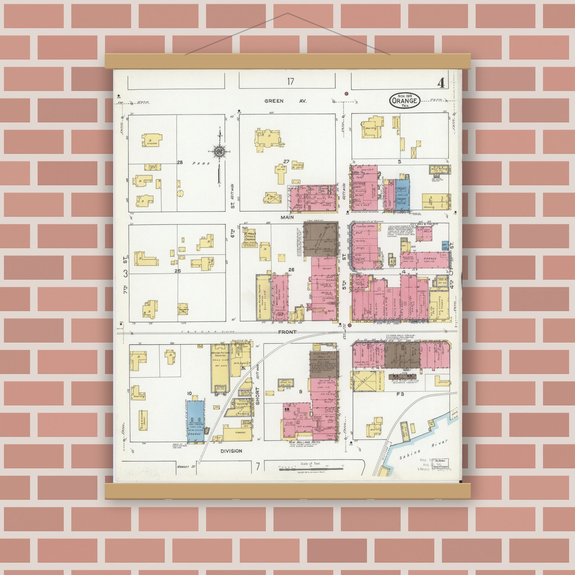 Old map wall art mockup — magnetic wood frame on brick wall — Sanborn Fire Insurance Map from Orange, Orange County, Texas (1919), Sheet #0004