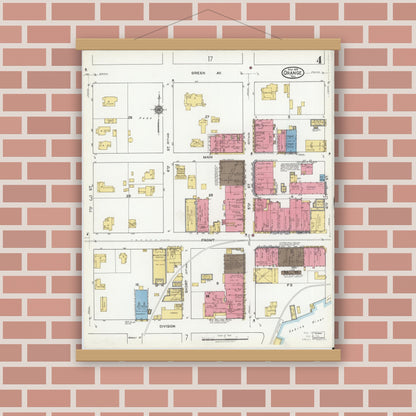 Old map wall art mockup — magnetic wood frame on brick wall — Sanborn Fire Insurance Map from Orange, Orange County, Texas (1919), Sheet #0004