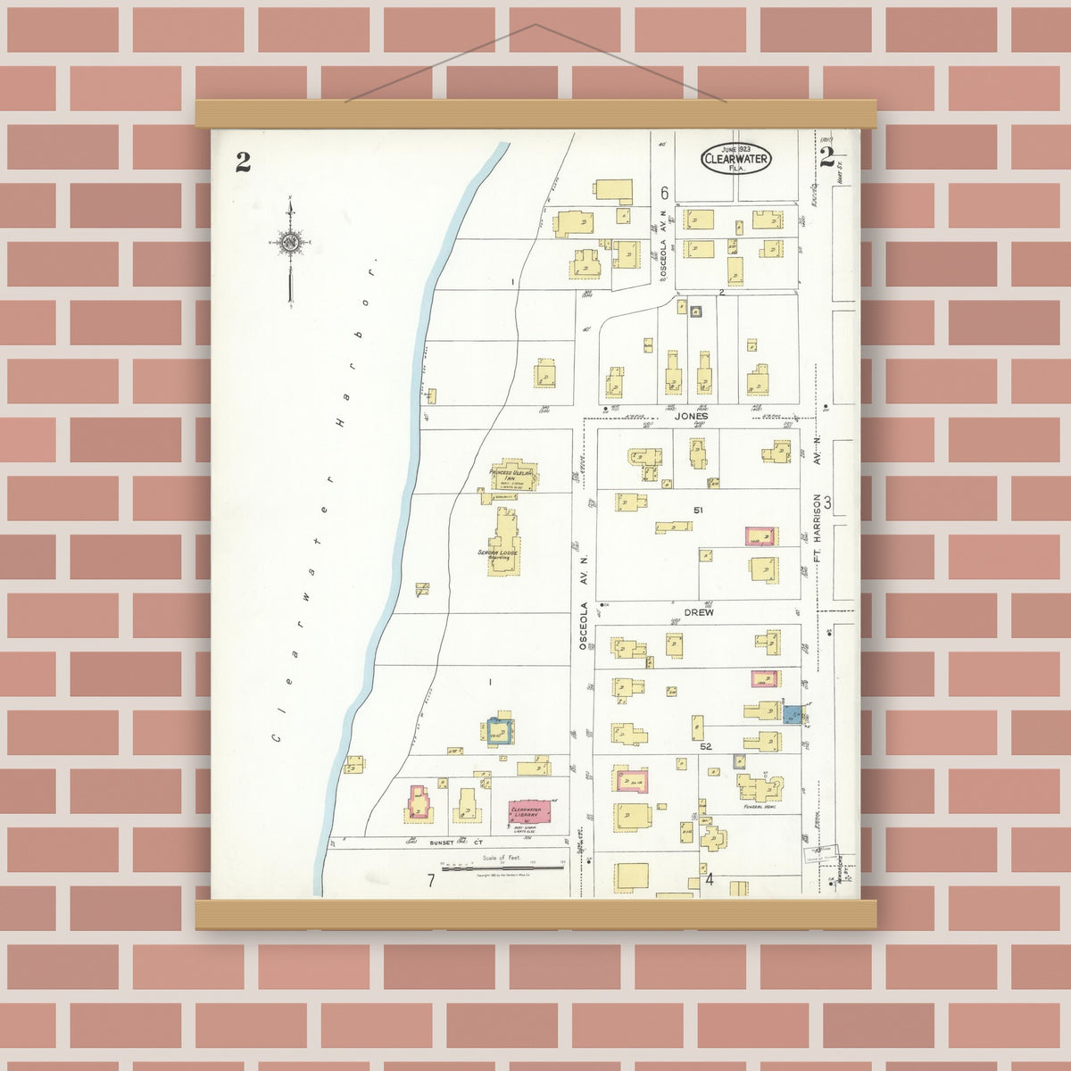 Old map wall art mockup — magnetic wood frame on brick wall — Sanborn Fire Insurance Map from Clearwater, Pinellas County, Florida (1923), Sheet #0002