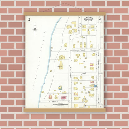 Old map wall art mockup — magnetic wood frame on brick wall — Sanborn Fire Insurance Map from Clearwater, Pinellas County, Florida (1923), Sheet #0002